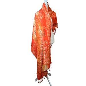 VTG Pashmina Silk Blend Shawl Scarf Wrap Orange Gold Metallic Jacquard Boho